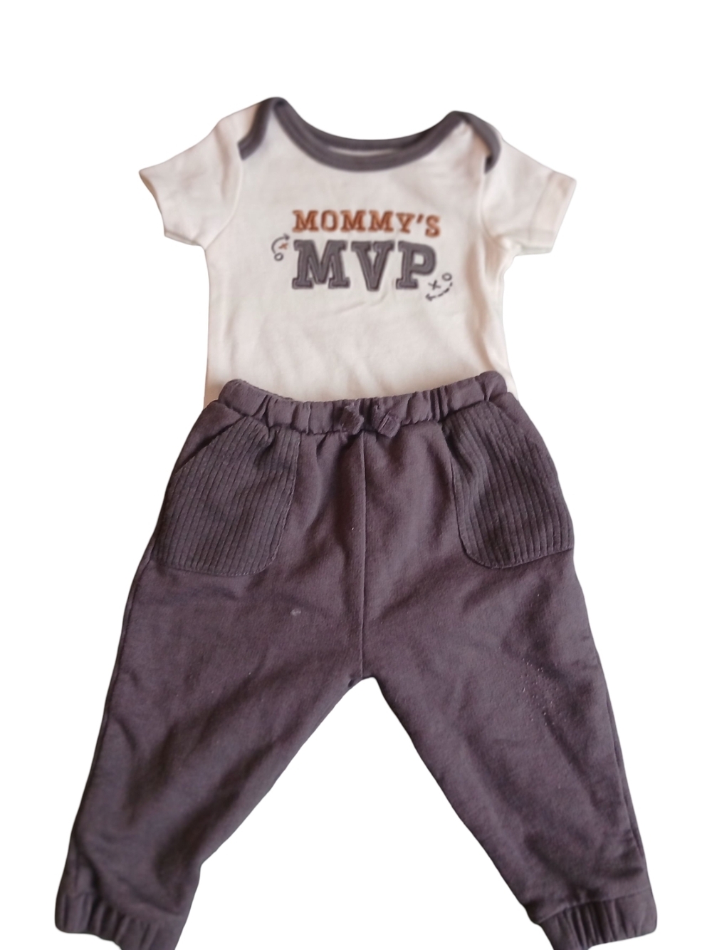 Chick Pea Baby 0-3 White & Gray 'Mommy's MVP' Baby Bodysuit with Gray Joggers